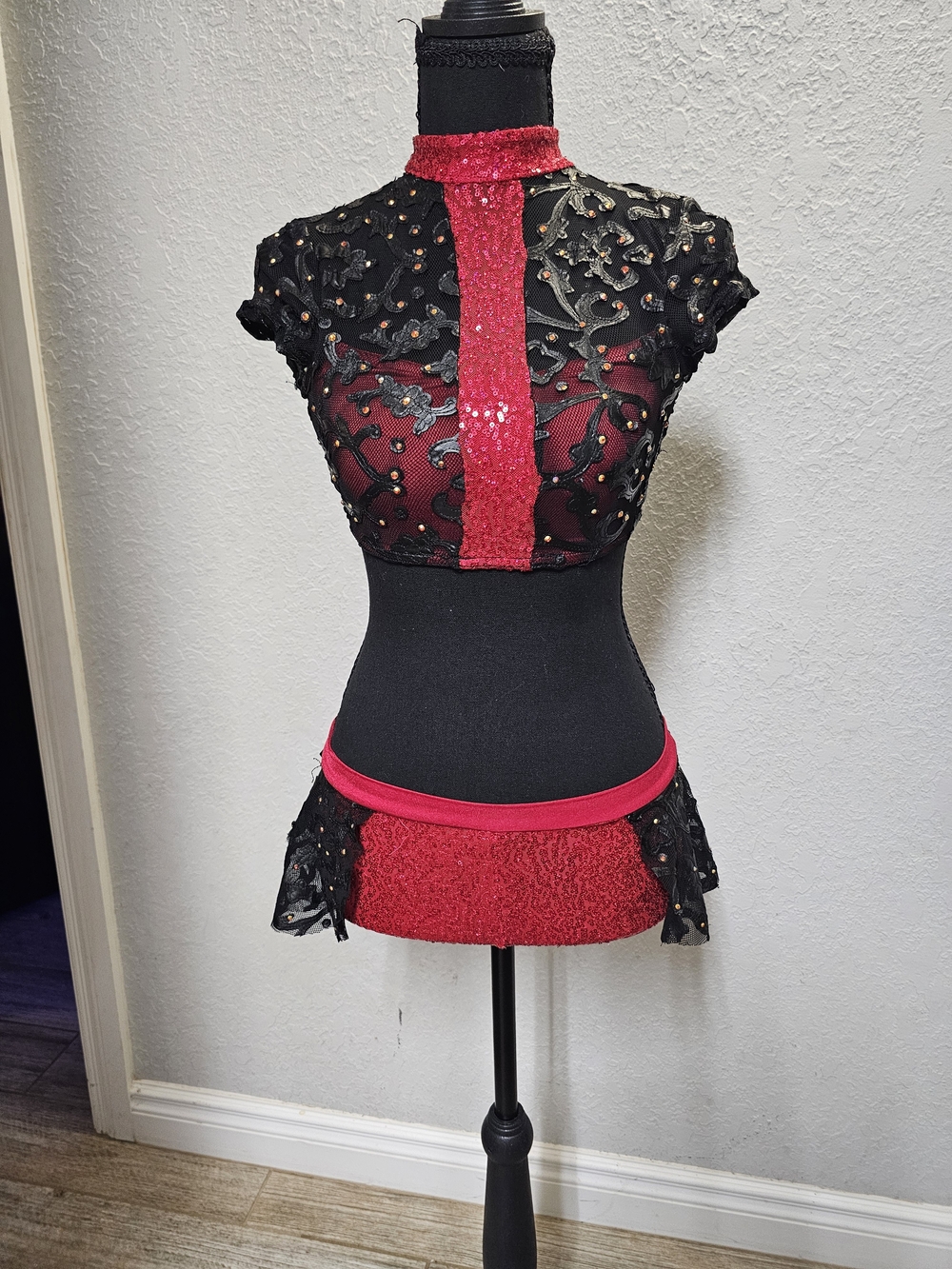 Girls Red and Black Lace-Embellished Crop Top